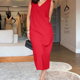 robe décontractée col en V sans manches couleur unie fendue