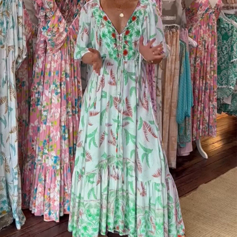 Robe longue femme col V imprimé feuilles