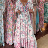 Robe longue femme col V imprimé feuilles