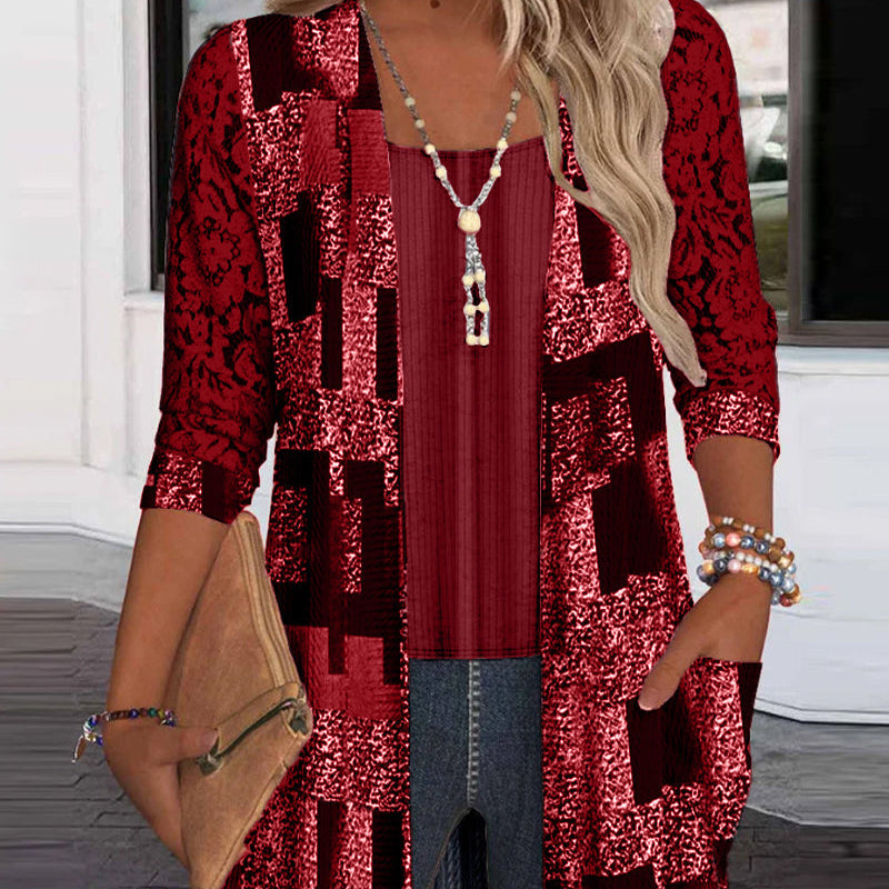 Bluse Manches Longues Imprimée Style Deux-Pièces Factice