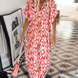 Robe tendance à col en V imprimée à manches courtes