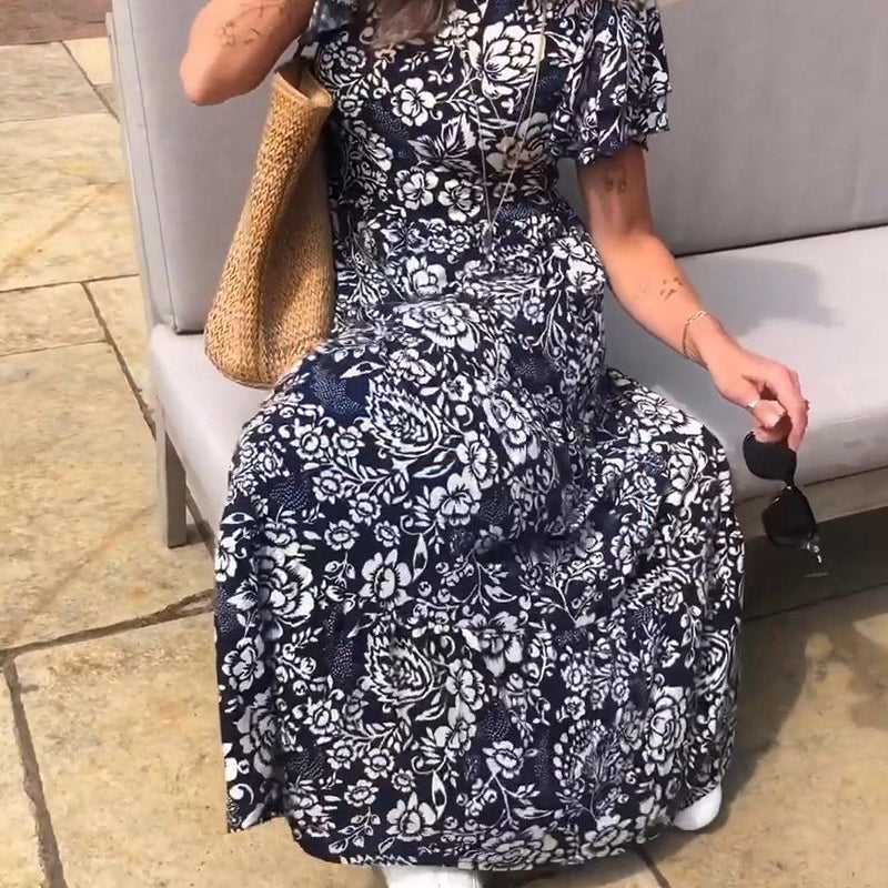 Robe longue à manches courtes imprimée de fleurs
