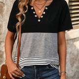 T-Shirt Casual Rayé Couleur Contrastée