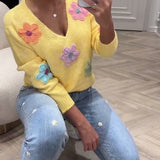 Pull Manches Longues Fleuri Col En V