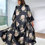 Robe pyjama sexy en imitation soie imprimée, grande taille