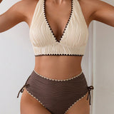 Bikini Two-Piece Set Avec Col Halter et Design Couleurs Contraste