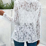 Manteau élégant à revers en dentelle florale de couleur unie