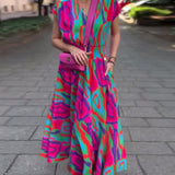 Robe longue col V imprimé coloré manches raglan