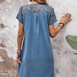 Robe de poche de couleur unie avec manches courtes en dentelle creuse