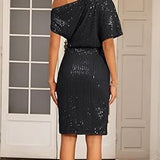 Robe élégante à paillettes avec col en V et épaules dénudées