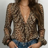 Blouse À Volants Col En V Imprimé Léopard