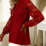 Blouse Dentelle Panneaux Manches Longues Col V