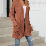 Cardigan décontracté à manches longues et poches de couleur unie