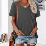 T-shirt à manches courtes et col en V avec poche de couleur unie