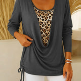 T-shirt faux deux pièces à lacets imprimé léopard