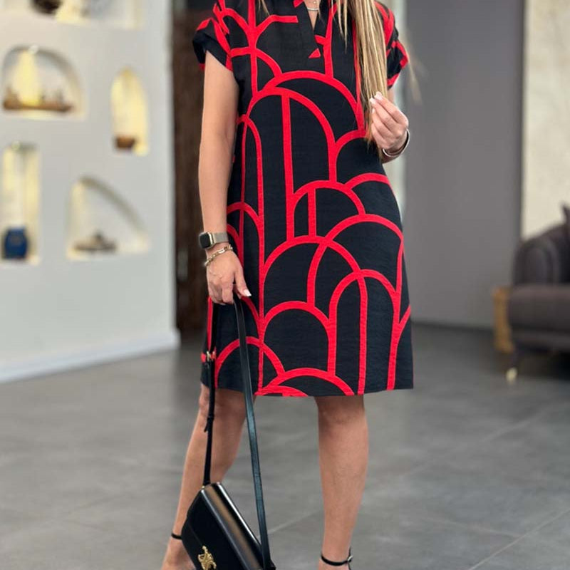 Robe midi imprimée à manches courtes et ligne de revers
