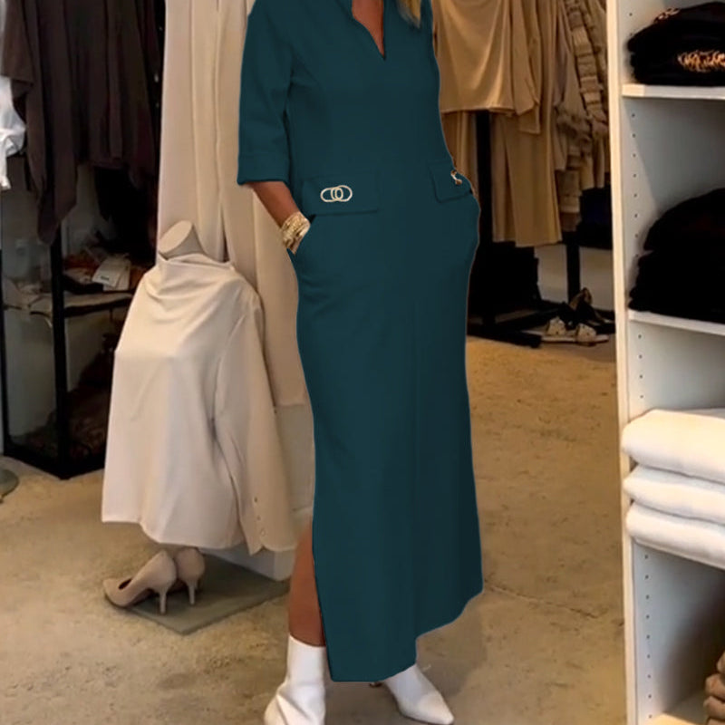 Robe fendue à manches 3/4 de couleur unie