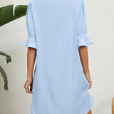 Robe à manches mi-longues froncées de couleur unie à col en V