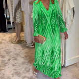 Robe à manches longues en V profond à imprimé géométrique rétro
