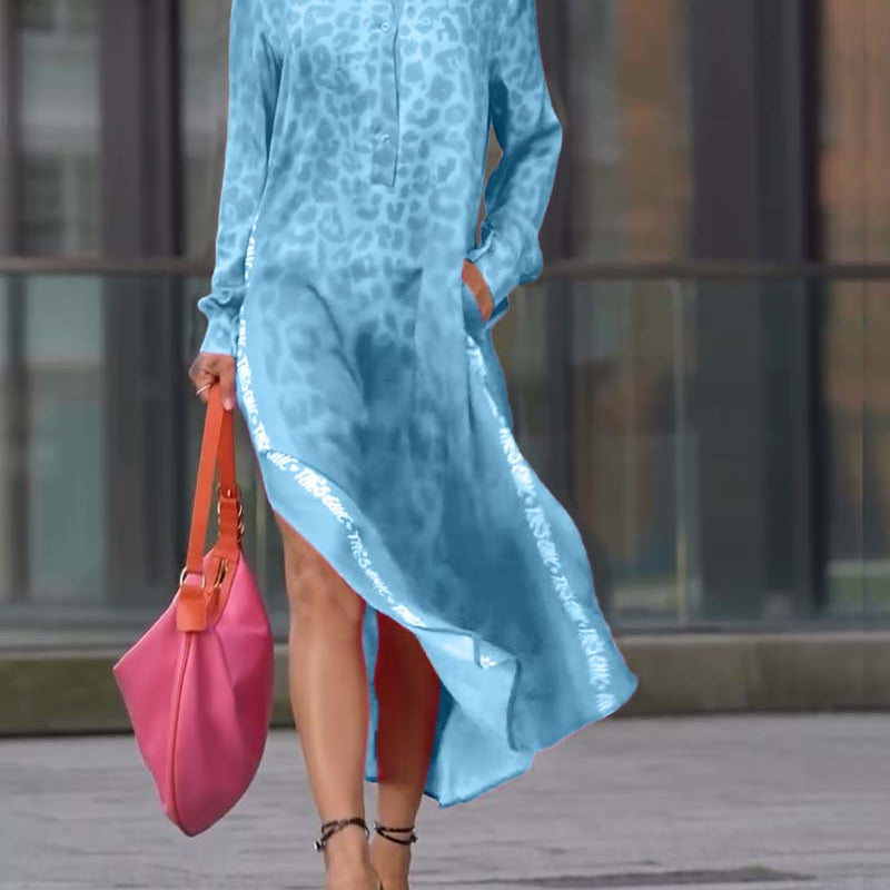 Robe Manches Longues Imprimé Léopard Fente