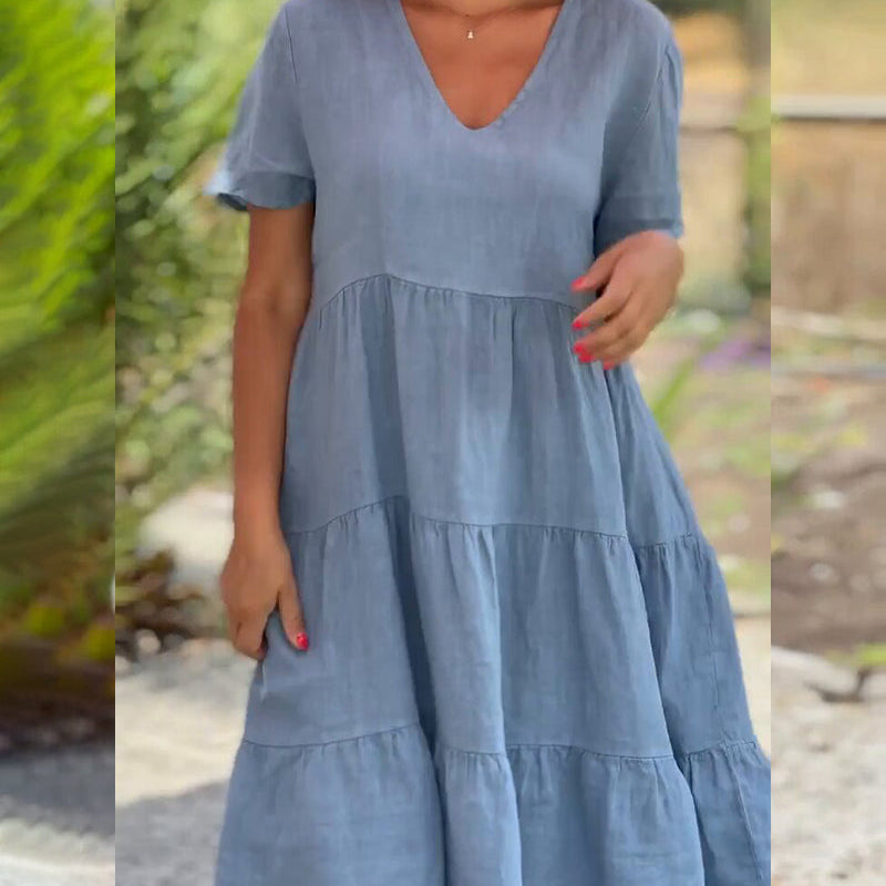 Robe en coton lin avec col en V de couleur unie