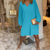 Robe col en V à manches lanternes de couleur unie