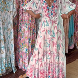 Robe longue femme col V imprimé feuilles