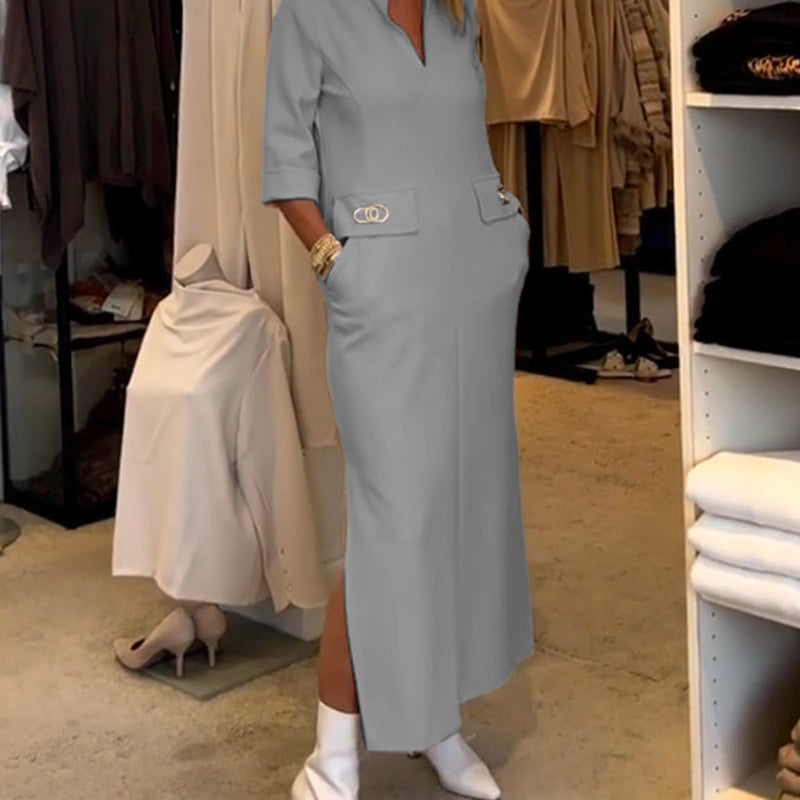 Robe fendue à manches 3/4 de couleur unie