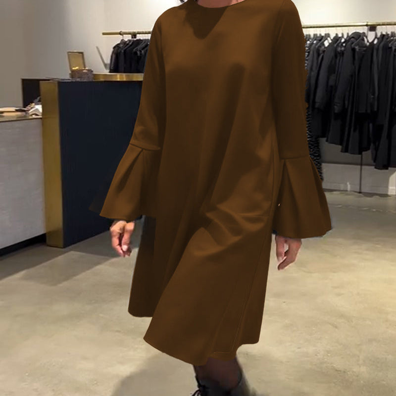 Robe Uni Manche Évasée Froncé