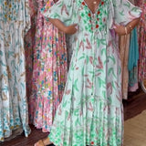 Robe longue femme col V imprimé feuilles