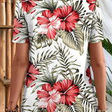 T-Shirt Col-V Imprimé Feuille Manches Courtes
