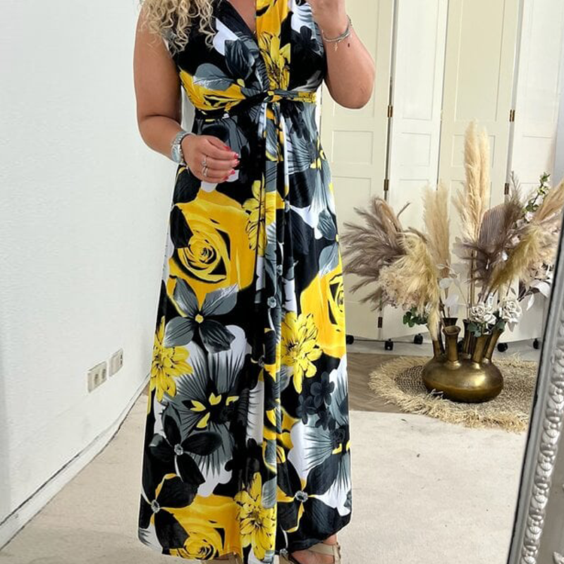 Robe élégante plissée sans manches à imprimé floral