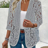 Manteau élégant à revers en dentelle florale de couleur unie
