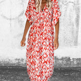 Robe tendance à col en V imprimée à manches courtes