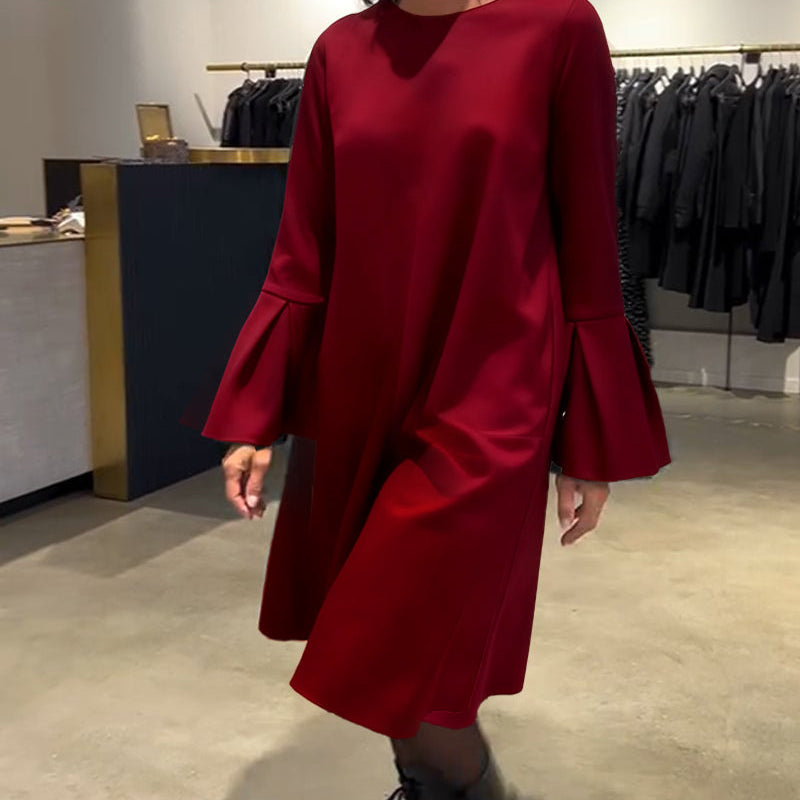 Robe Uni Manche Évasée Froncé