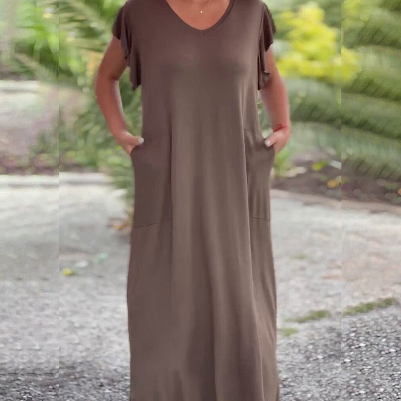 Robe longue de couleur unie avec poche et manche courte
