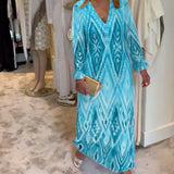 Robe à manches longues en V profond à imprimé géométrique rétro