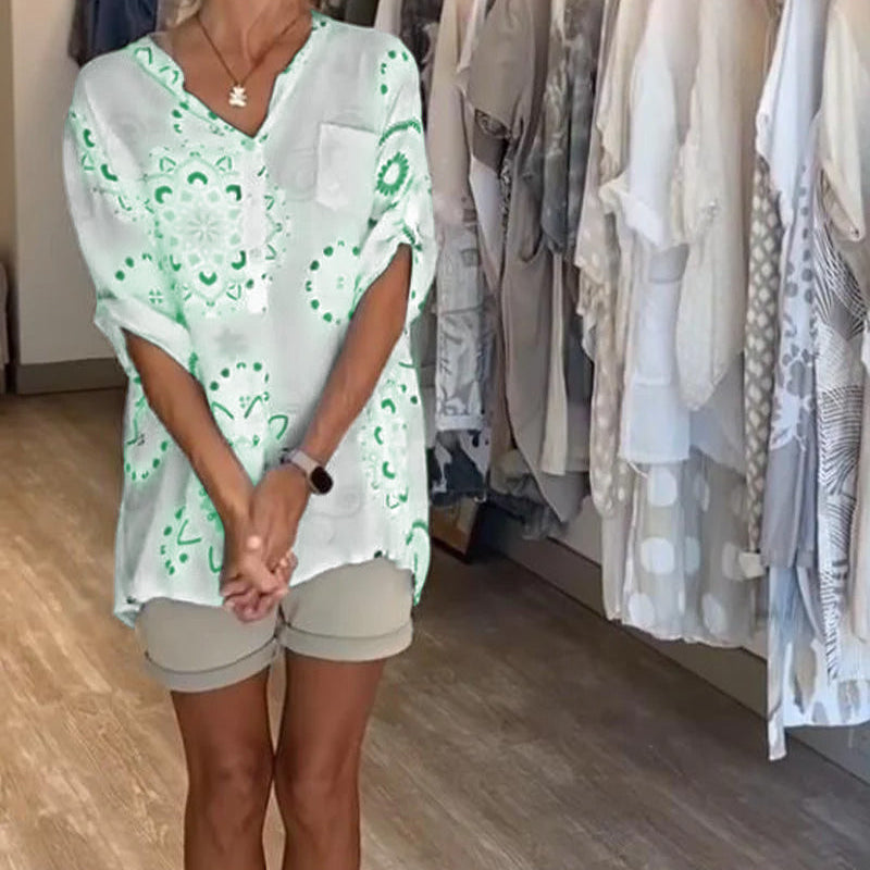 Blouse Polyvalente Col En V Imprimée Manches Mi-Longues