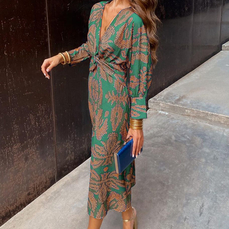 Robe élégante à manches longues et col en V imprimé vintage