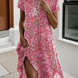 Robe Col Rond Manches Courtes Imprimé Fleuri