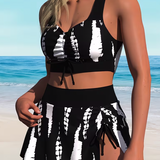 Bikini Tie-Dye Noir Blanc Contraste Jupe Fendu