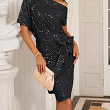 Robe élégante à paillettes avec col en V et épaules dénudées