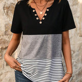 T-Shirt Casual Rayé Couleur Contrastée