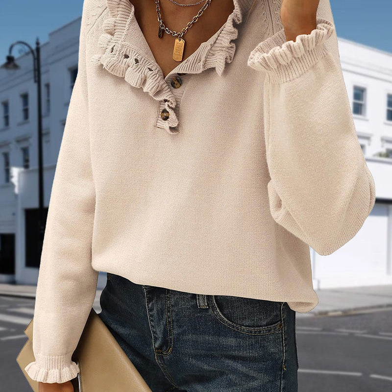 Pull décontracté de couleur unie avec bouton à revers et volants