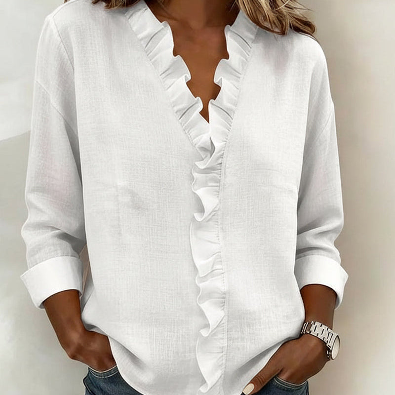 Blouse Froncé Col En V Manches Longues