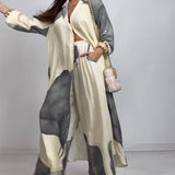 Costume Col Bouton Bloc de Couleur Pantalon Rayé Droit