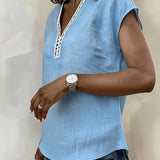 T-Shirt À Col En V Avec Motif Ajouré En Coton Et Lin