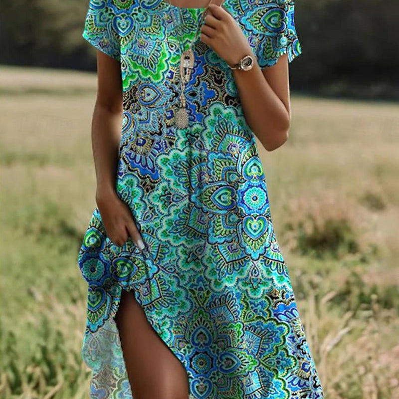 Robe À Col Rond Avec Impression Vintage