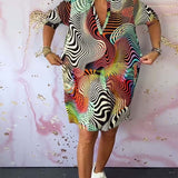 Robe à poches imprimée colorée avec col en V et demi-manches