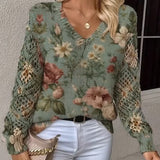 Pull Jacquard Col V Ajouré Manches Longues